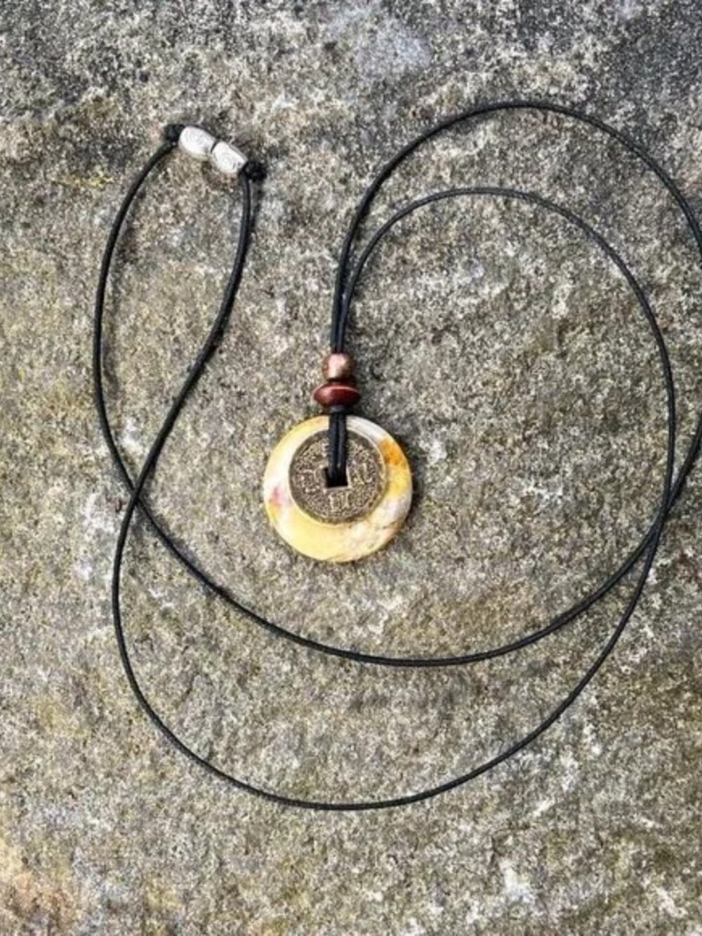 Crazy Lace Agate Lucky Coin Pendant Necklace Yellow | Handmade - Picture 5 of 6